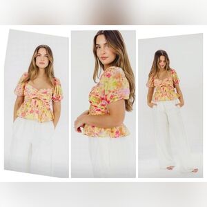 Astr Floral Puff Sleeve Blouse - Pink and Yellow